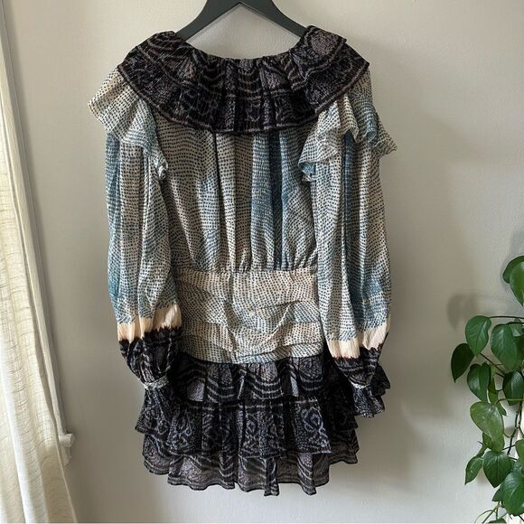 Ulla Johnson Sara Metallic Blue Stripe Ruffle Long Sleeve Silk Mini Dress - Picture 3 of 10